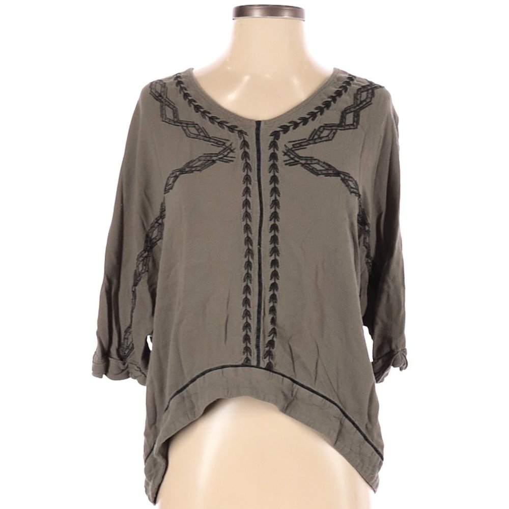Tea & Cup Boho Embroidered Top Olive Green
